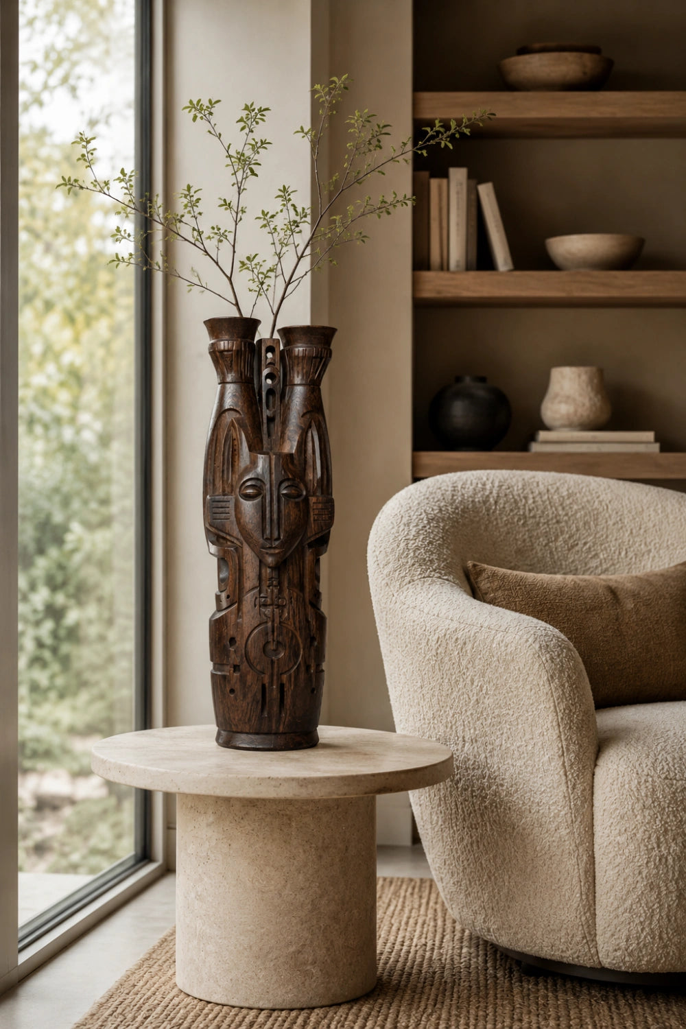 Hand-Carved African Tribal Wooden Floor Vase Large Abstract Sculpture For Modern Home Decor