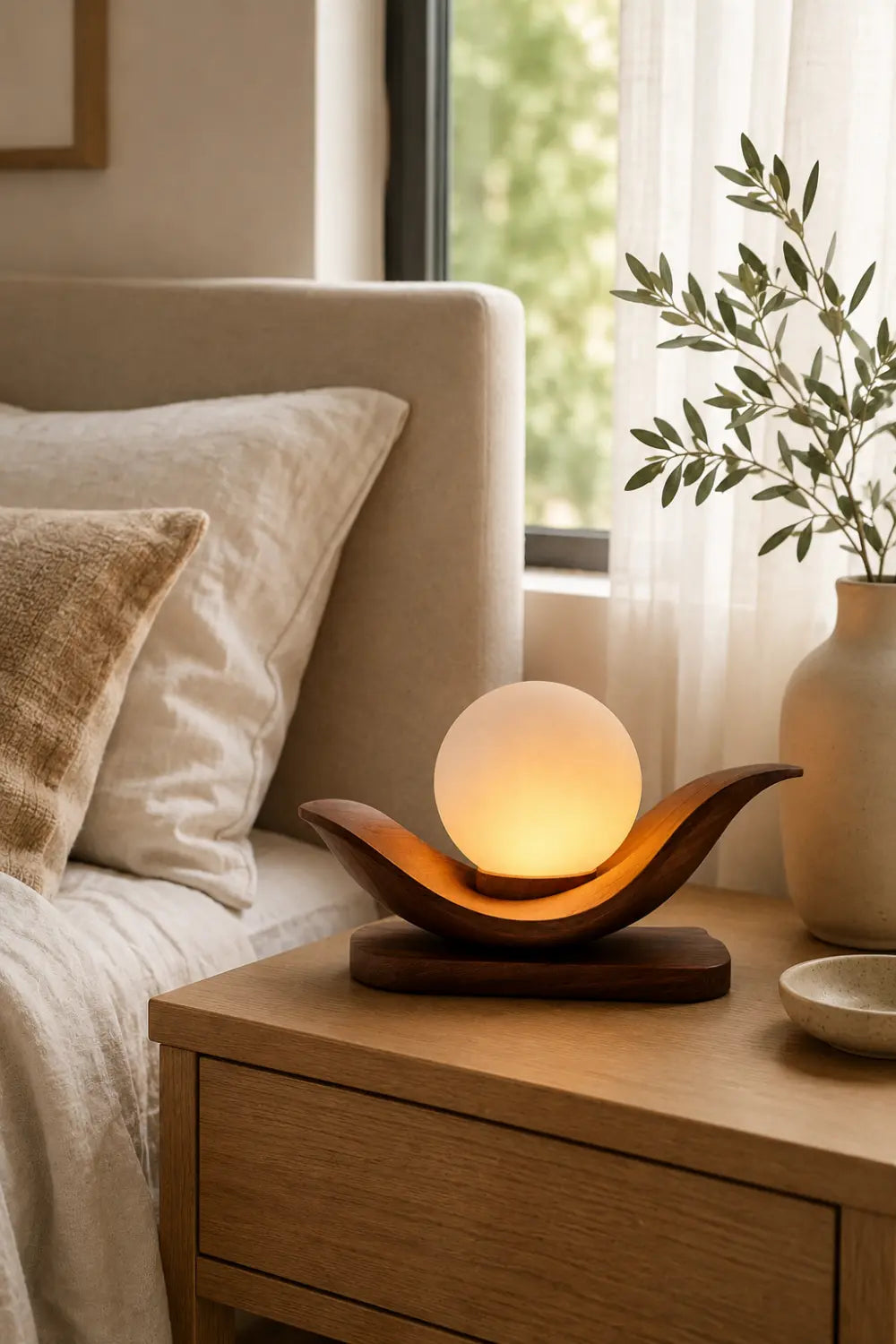 Minimalist Wooden Cradle Desk Lamp | Horizontal Sphere Tray Accent Light | Cozy Space Gift