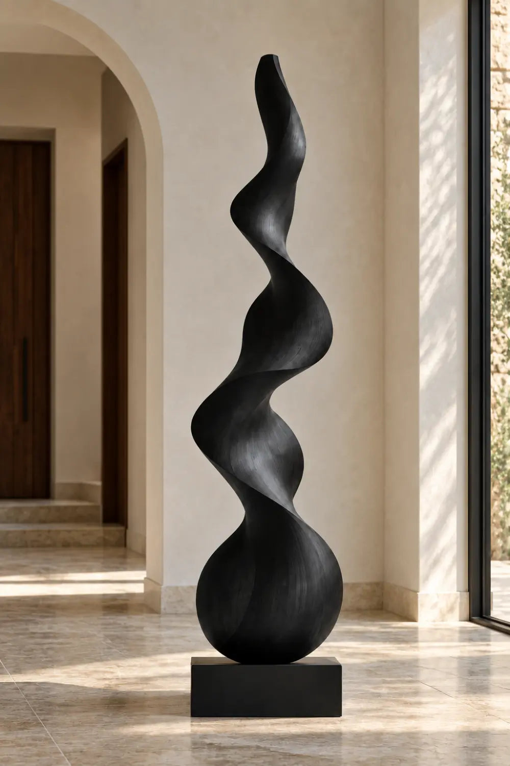 Large Black Spiral Wood Floor Sculpture | Modern Standing Statue For Living Space