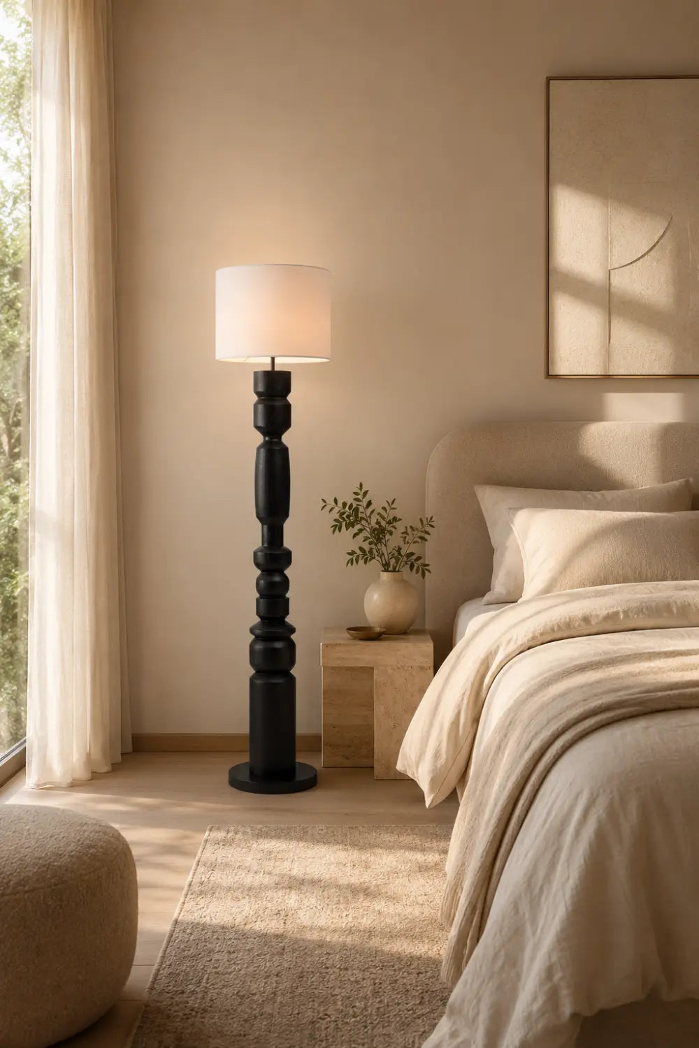 Sculptural Wooden Floor Lamp In Matte Black Finish With Abstract Form For Contemporary Homes