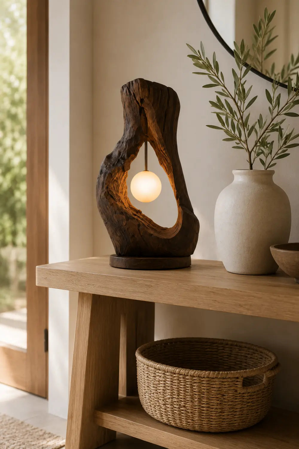 Rustic Raw Wood Cave Table Lamp | Organic Hollow Driftwood Light For Space Decor