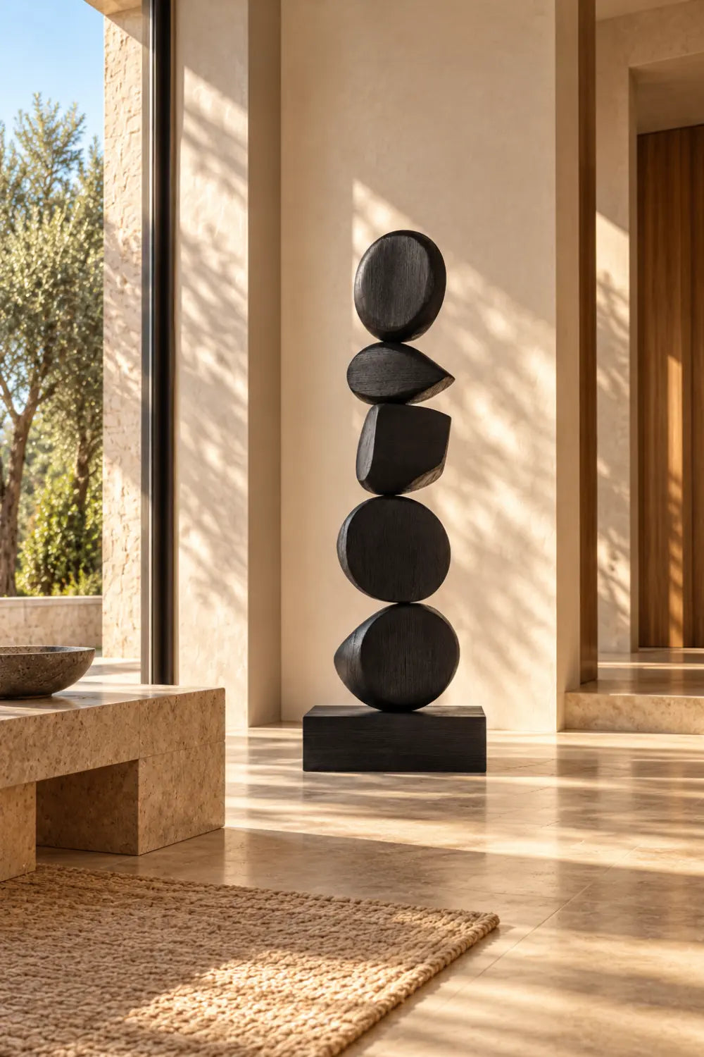 Large Black Abstract Wood Sculpture For Modern Minimalist Home Decor