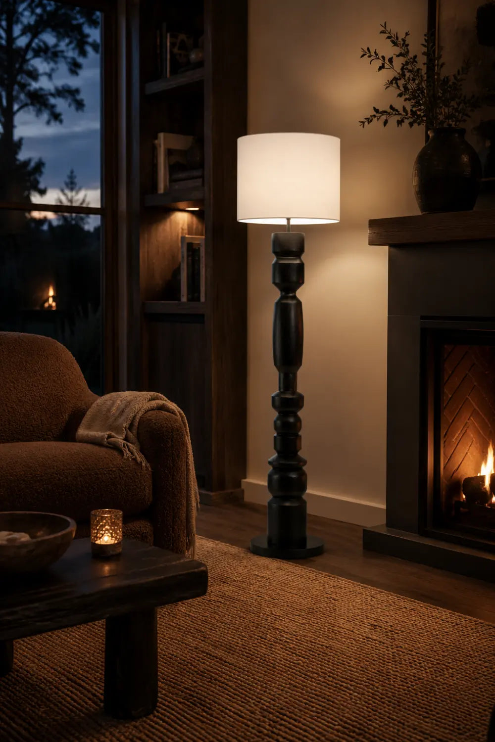 Sculptural Wooden Floor Lamp In Matte Black Finish With Abstract Form For Contemporary Homes