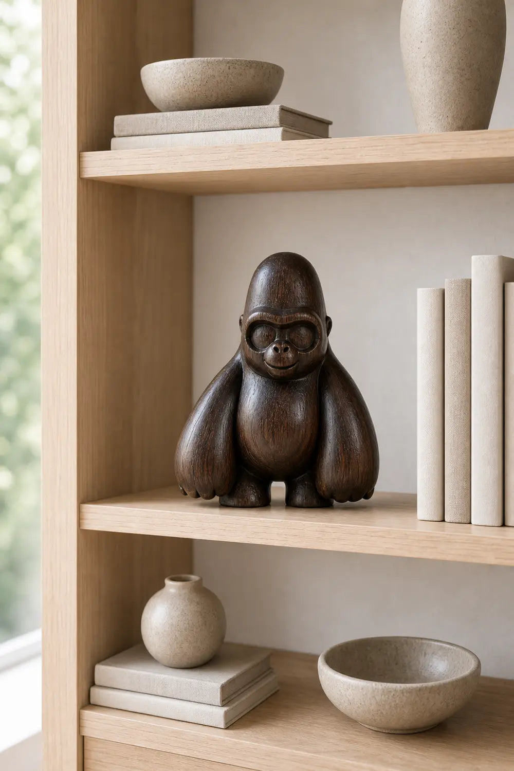 Hand-Carved Walnut Gorilla Sculpture For Modern Home Decor And Minimalist Interior Design