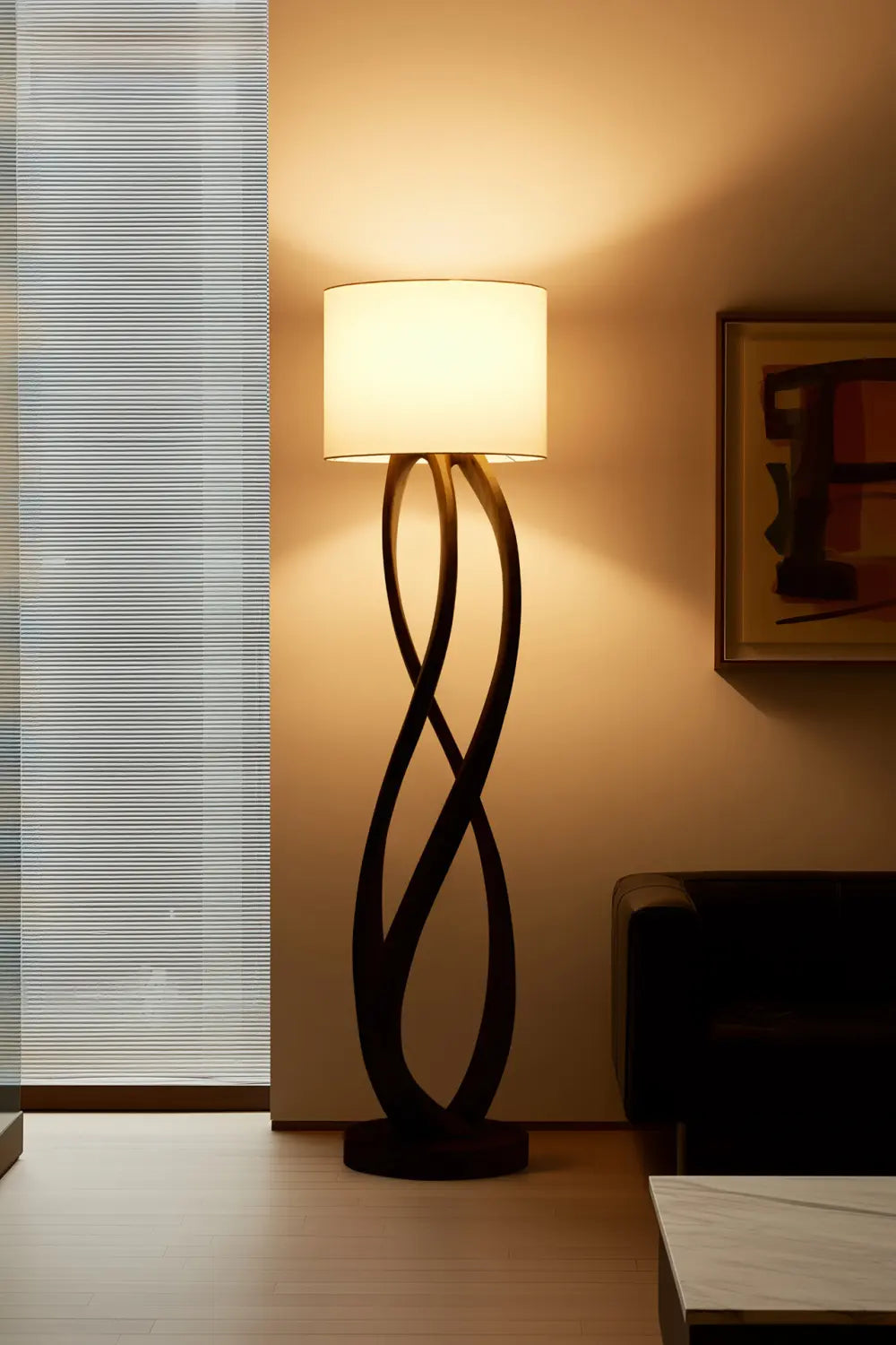 Sculptural Wooden Floor Lamp Abstract Twist Design Warm Light Fixture