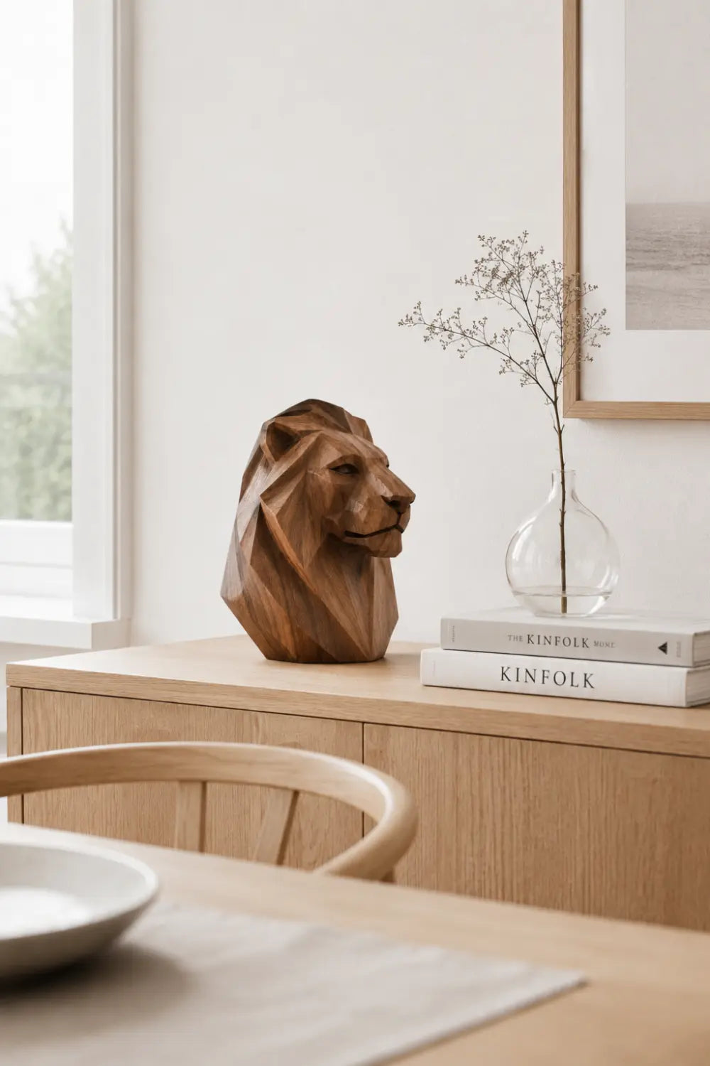 Hand-Carved Geometric Lion Head Sculpture In Walnut Wood For Modern Home Decor