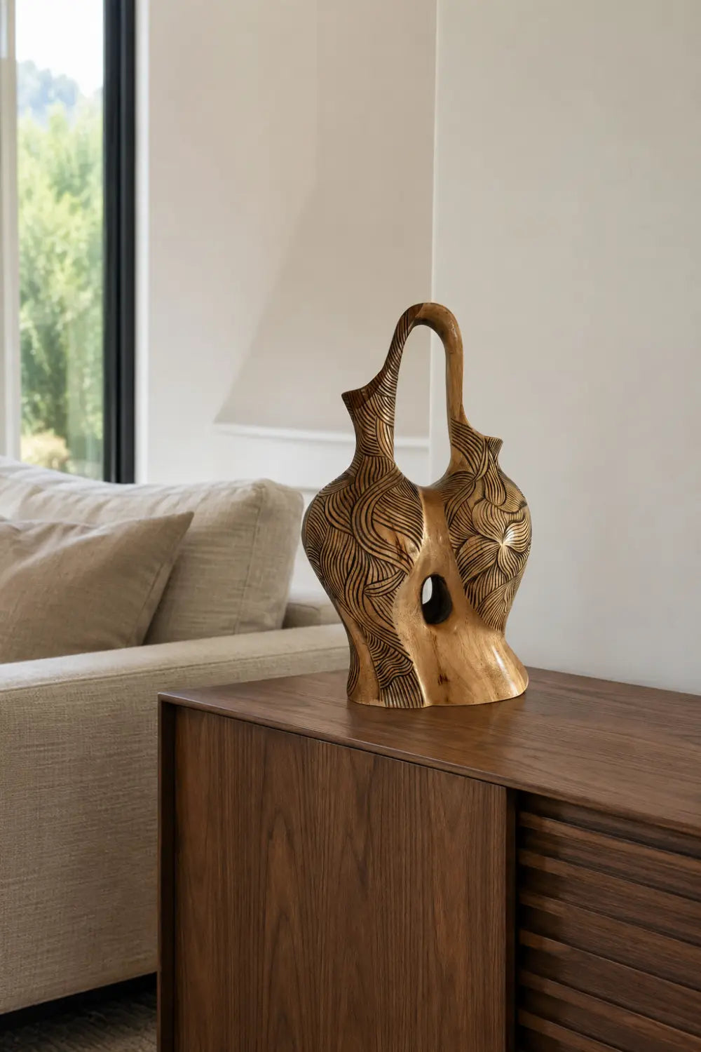 Hand Carved Abstract Wooden Vase With Flowing Lines For Modern Home Decor