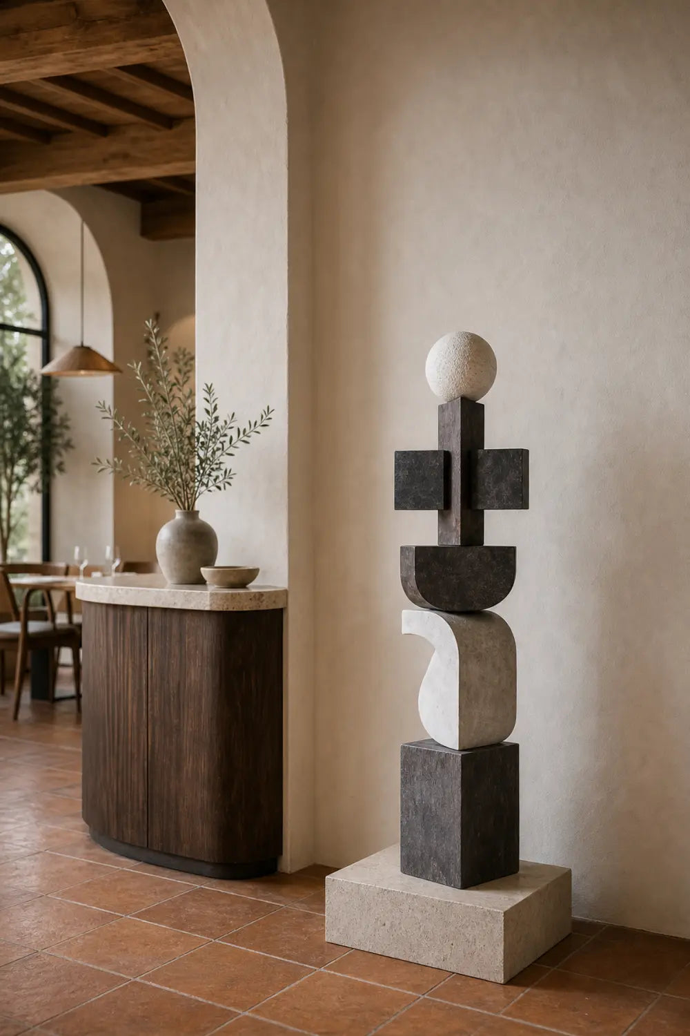 Large Hand-Carved Abstract Wood Sculpture For Modern Living Room Decor