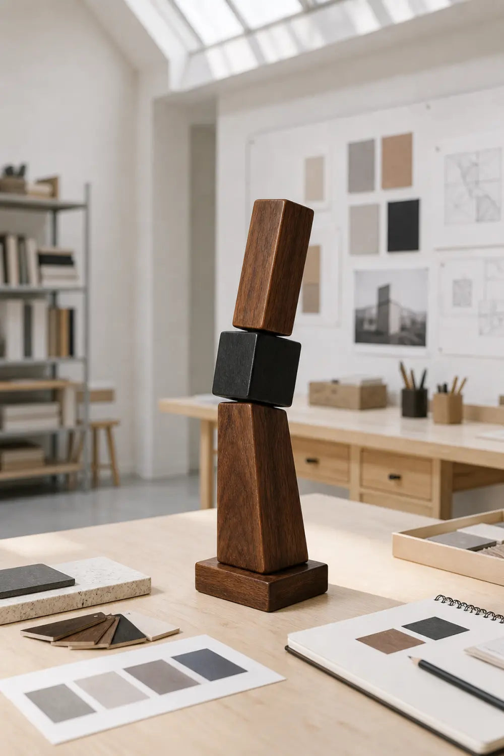Large Hand-Carved Wooden Abstract Sculpture For Modern Home Decor - Geometric Walnut Art