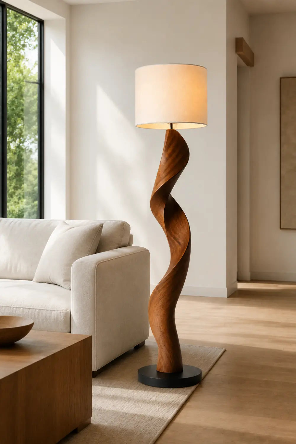 Modern Twisted Wooden Floor Lamp - Aesthetic Standing Light For Living Room Space
