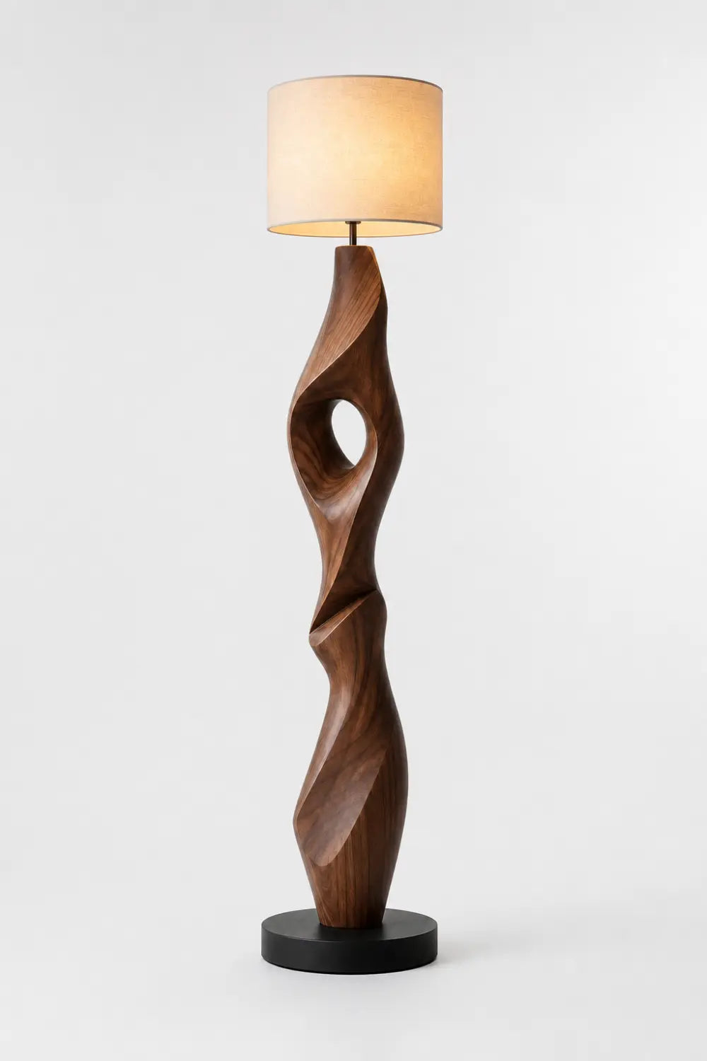 Sculptural Walnut Wood Floor Lamp With Abstract Spiral Form For Modern Living Rooms