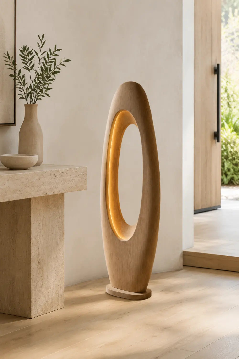 Modern Minimalist Wooden Floor Lamp With Abstract Oval Cutout For Living Room Decor