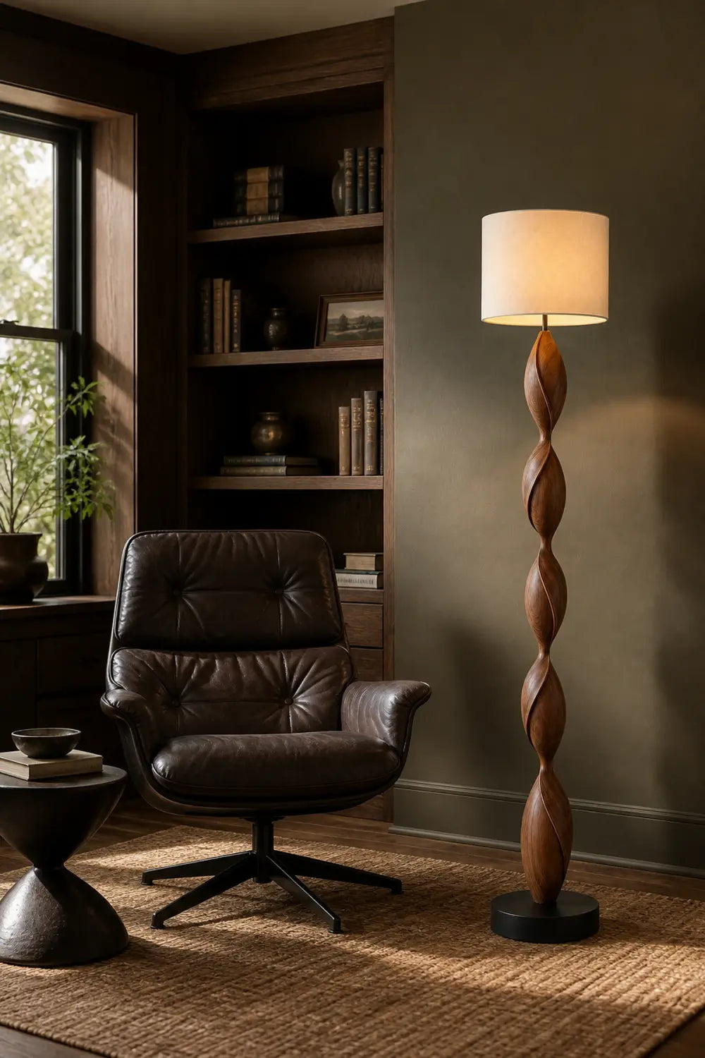 Hand Carved Walnut Wood Floor Lamp With Organic Spiral Form And Warm Glow
