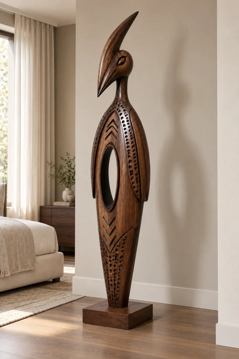 Large Abstract Wooden Bird Statue Modern Floor Sculpture For Home Office
