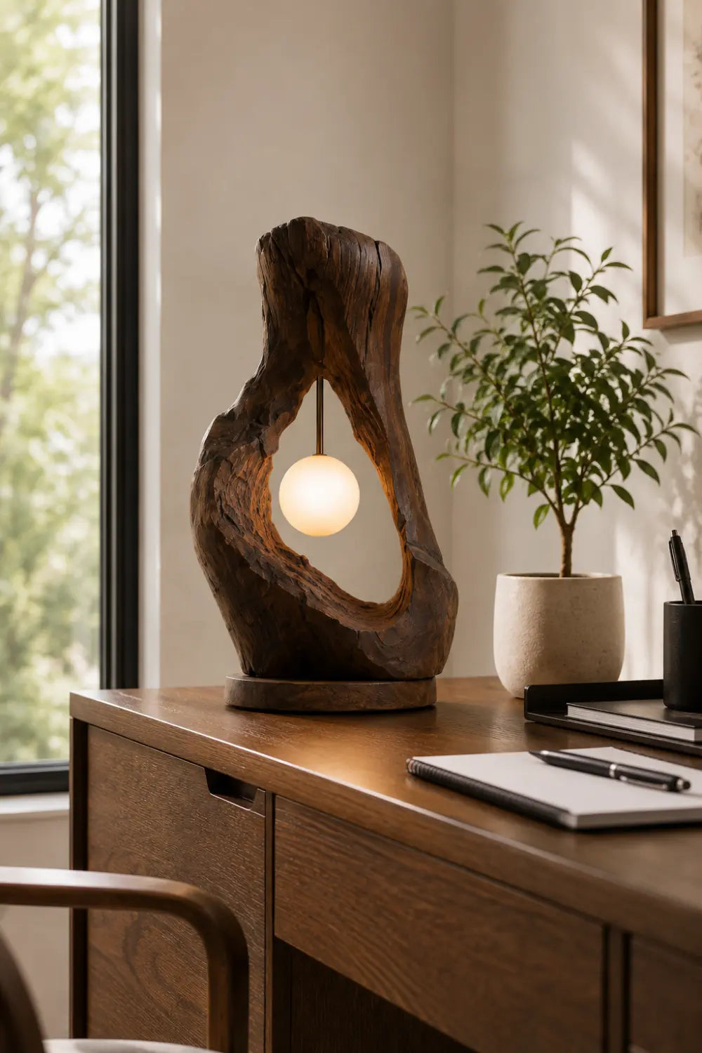 Rustic Raw Wood Cave Table Lamp | Organic Hollow Driftwood Light For Space Decor