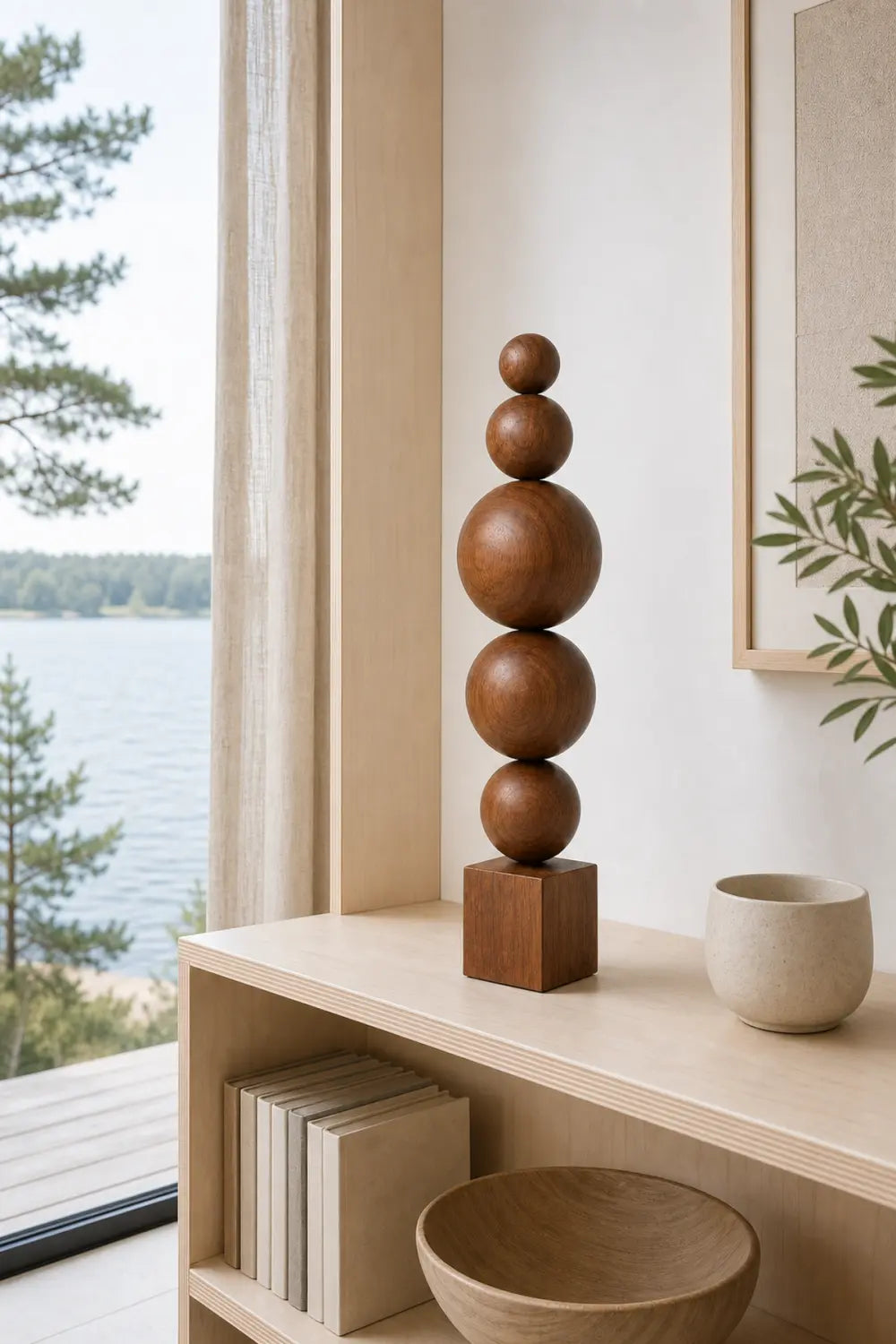 Handcrafted Minimalist Wood Sphere Sculpture Large Geometric Floor Art For Modern Home Decor