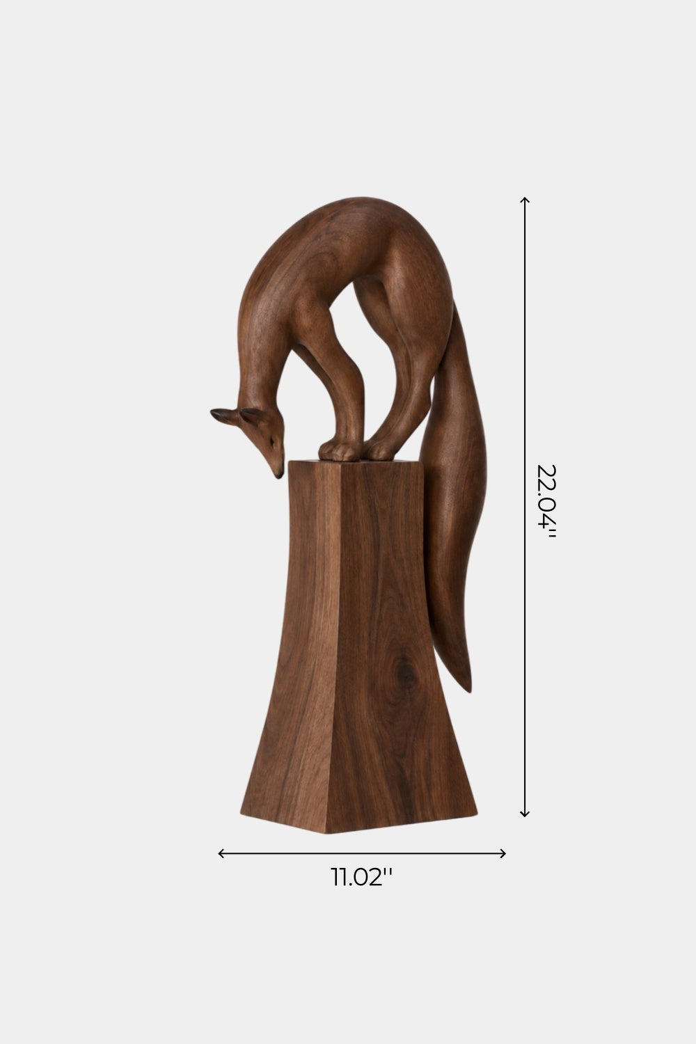 Carved Wooden Fox Statue On Pedestal | Modern Wildlife Animal Figurine Art Decor