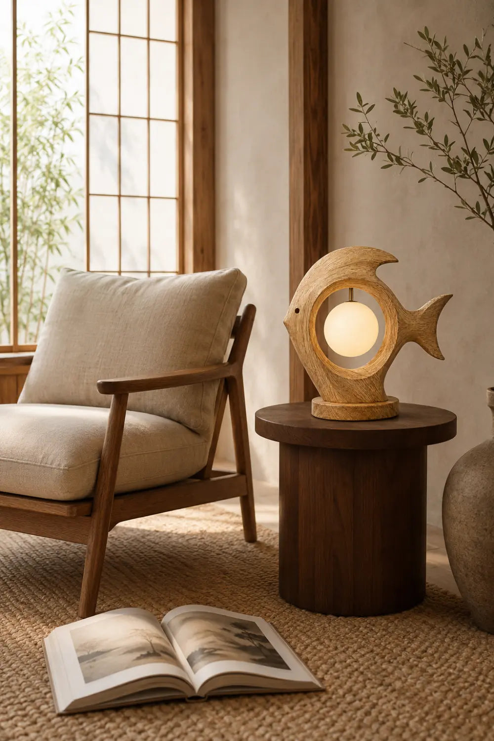 Modern Fish Shaped Wooden Table Lamp For Minimalist Home Decor And Warm Ambient Lighting