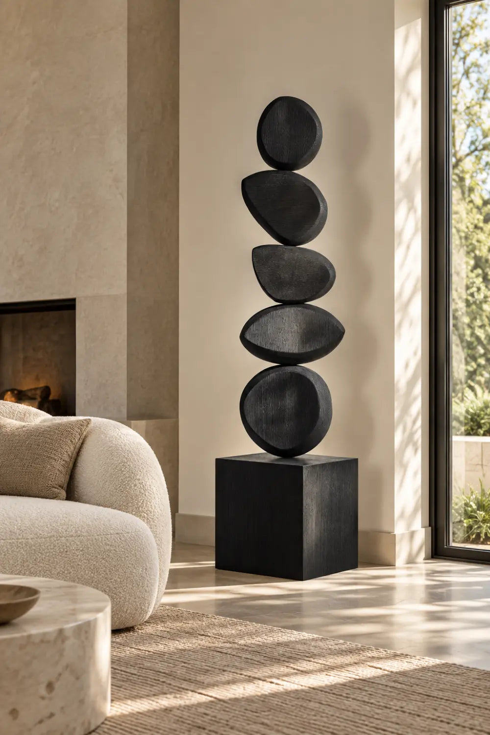 Large Black Abstract Wood Sculpture For Modern Home Decor