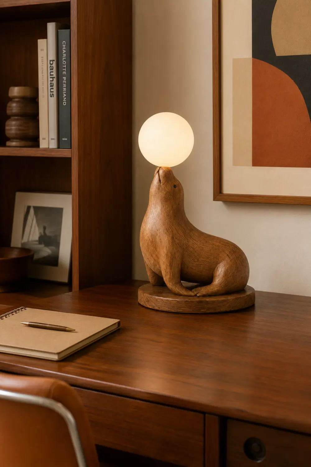 Hand Carved Wooden Seal Lamp With Glowing Orb For Modern Home Decor