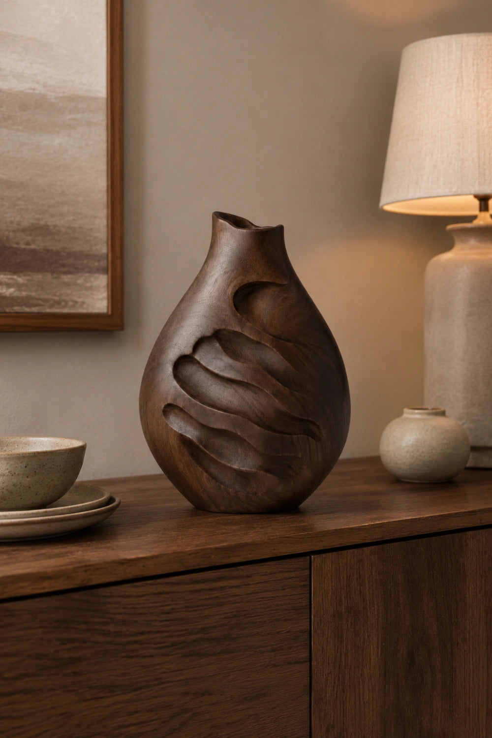 Modern Rustic Wooden Vase Unique Asymmetrical Gourd Shape Sculpture Accent Piece