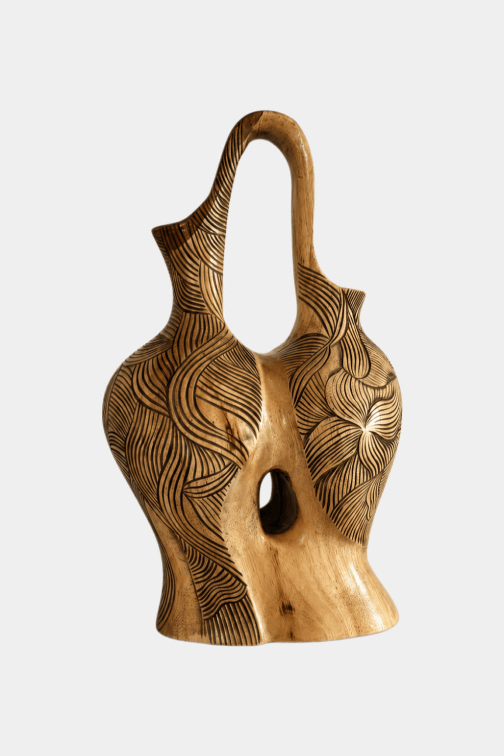 Hand Carved Abstract Wooden Vase With Flowing Lines For Modern Home Decor