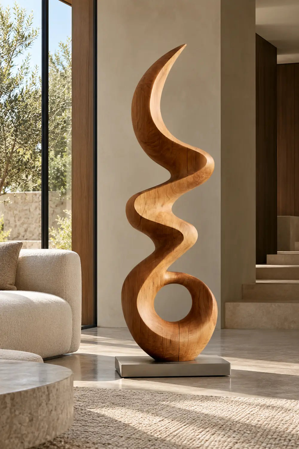 Large Abstract Oak Wood Sculpture For Modern Home Decor