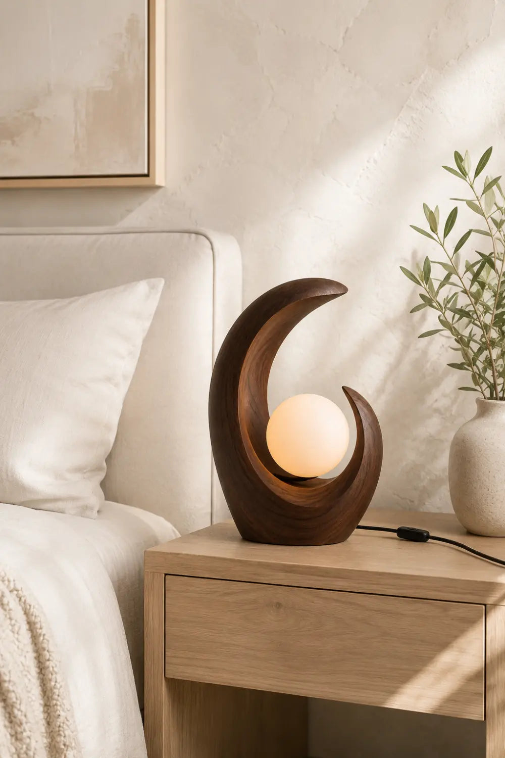 Modern Crescent Wood Table Lamp | Abstract Curved Wave Desk Light For Space Decor