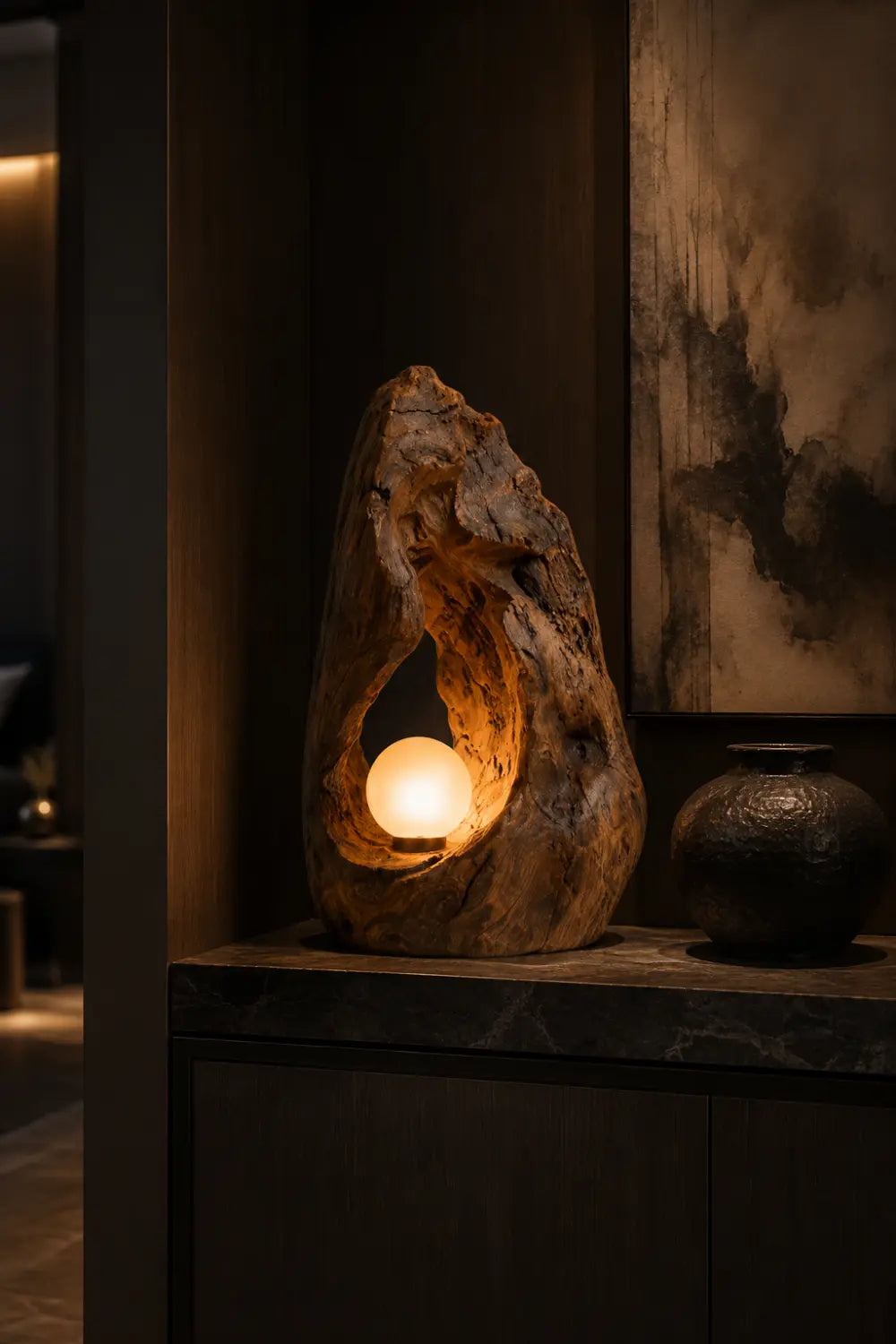 Hand Carved Organic Wood Table Lamp With Warm Glow For Modern Living Rooms