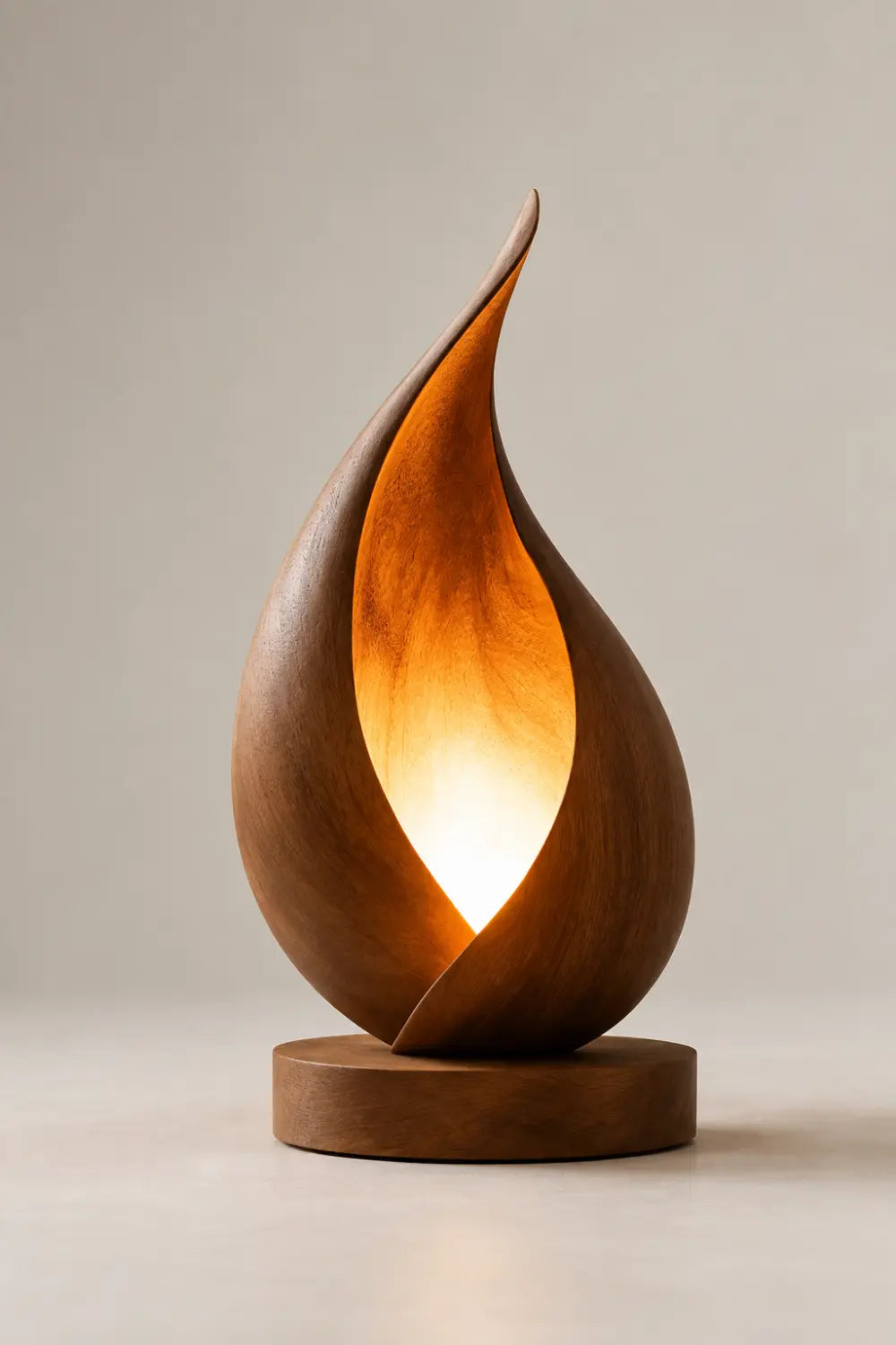 Sculptural Flame Wood Table Lamp | Aesthetic Ambient Light For Living Space