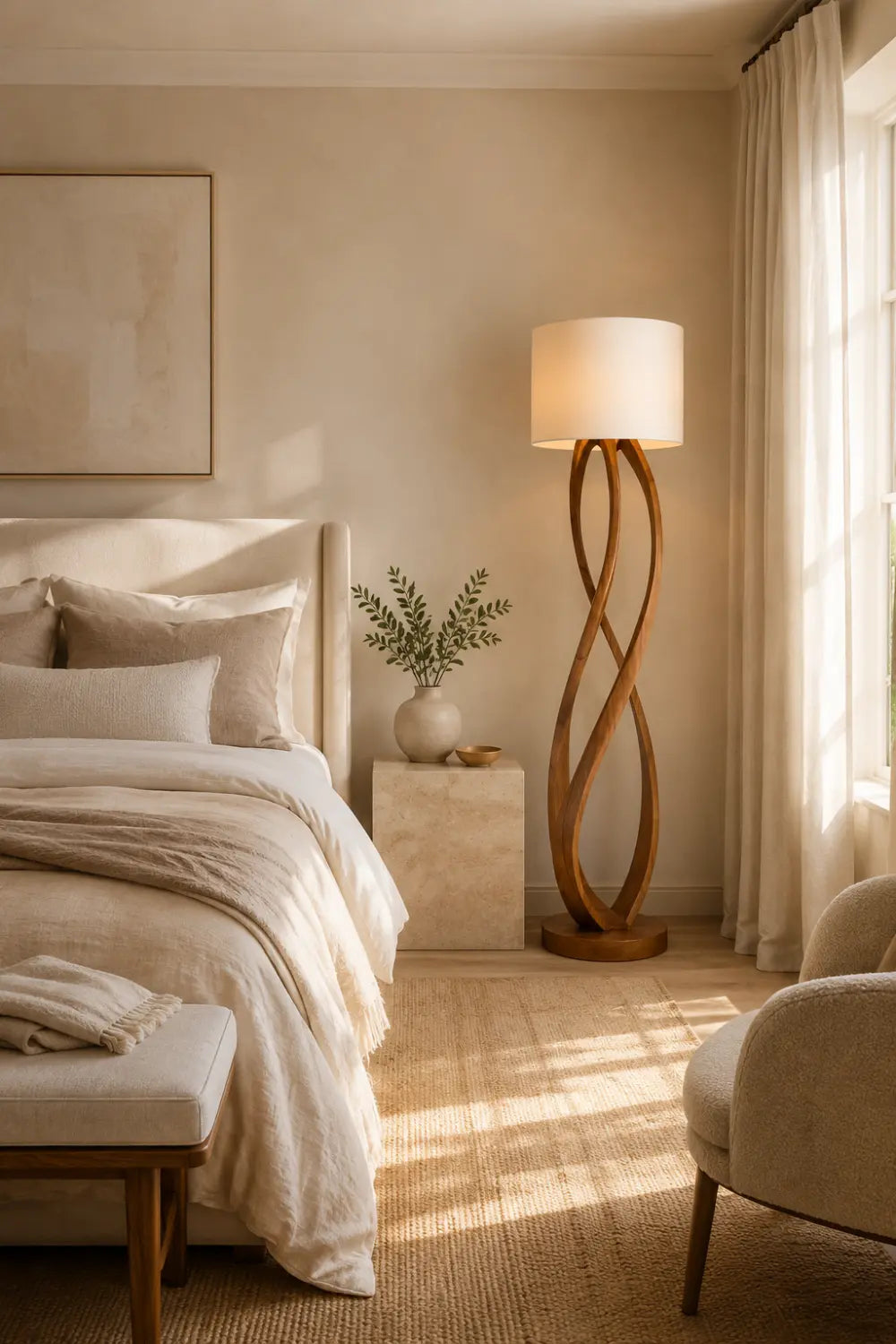 Sculptural Wooden Floor Lamp Abstract Twist Design Warm Light Fixture