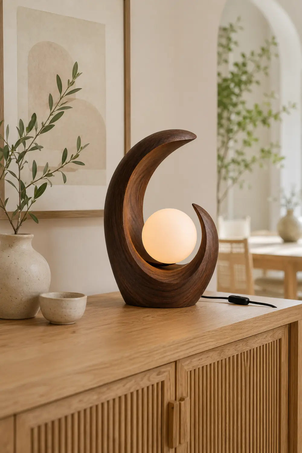 Modern Crescent Wood Table Lamp | Abstract Curved Wave Desk Light For Space Decor