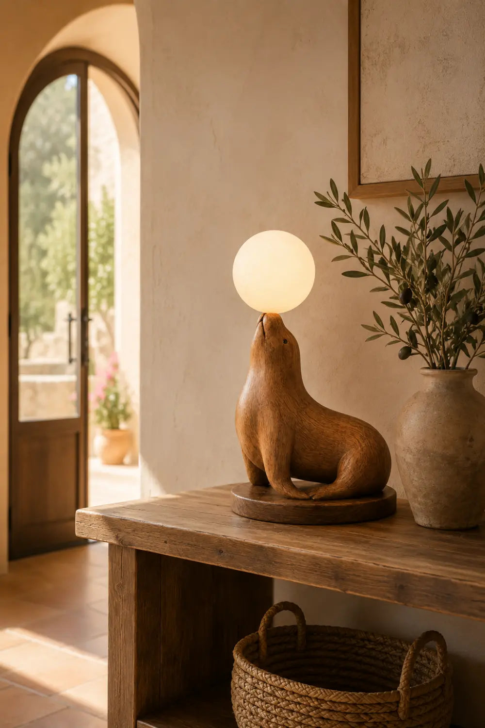 Hand Carved Wooden Seal Lamp With Glowing Orb For Modern Home Decor