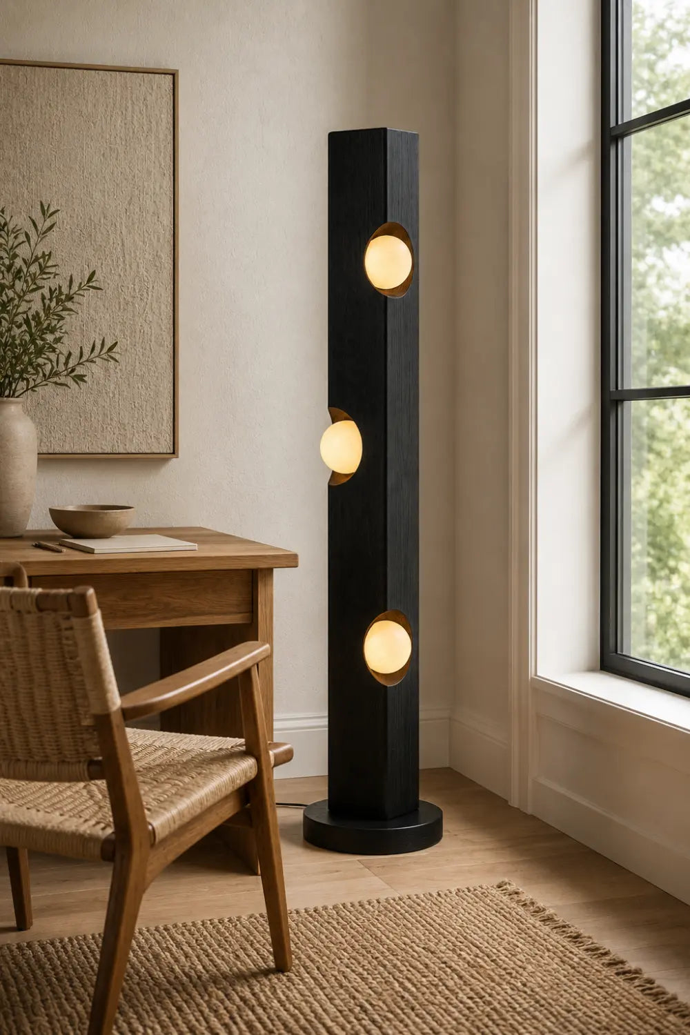 Sculptural Wooden Floor Lamp Abstract Black Timber Light Fixture For Art Gallery Style Home Interiors