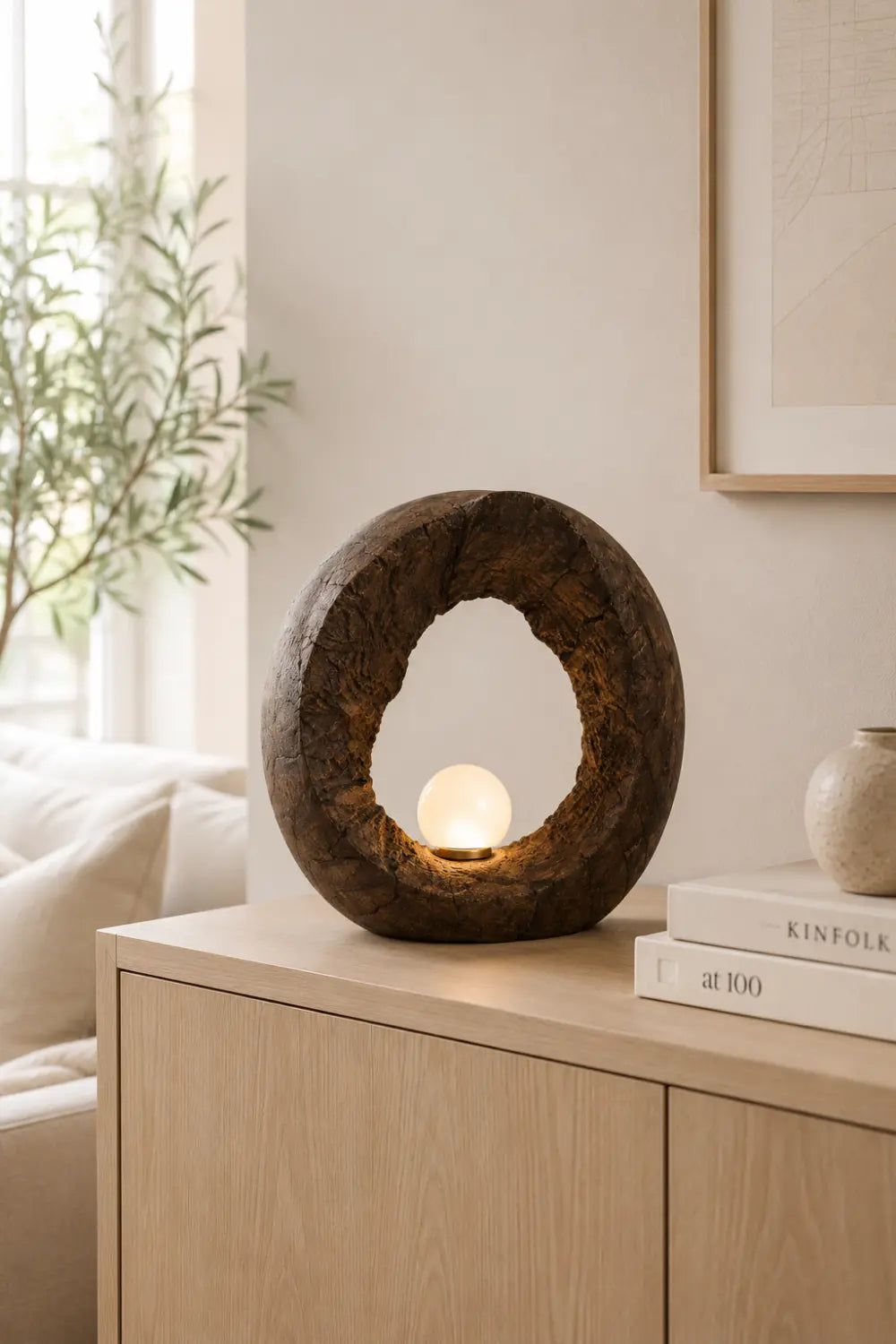 Handcrafted Wooden Table Lamp With Abstract Ring Shape For Modern Home Decor