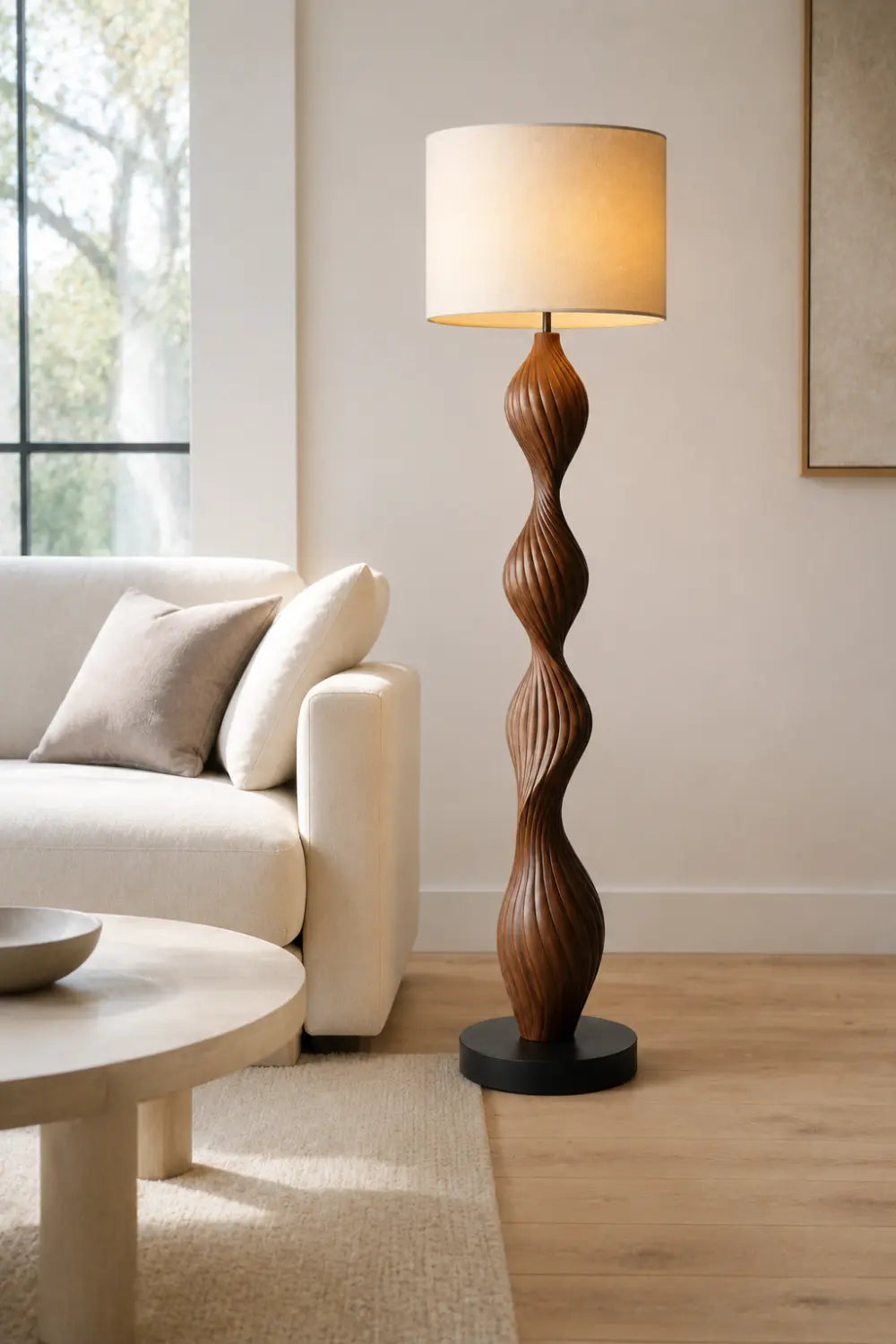 Modern Spiral Wood Floor Lamp With Warm Linen Shade For Contemporary Living Rooms