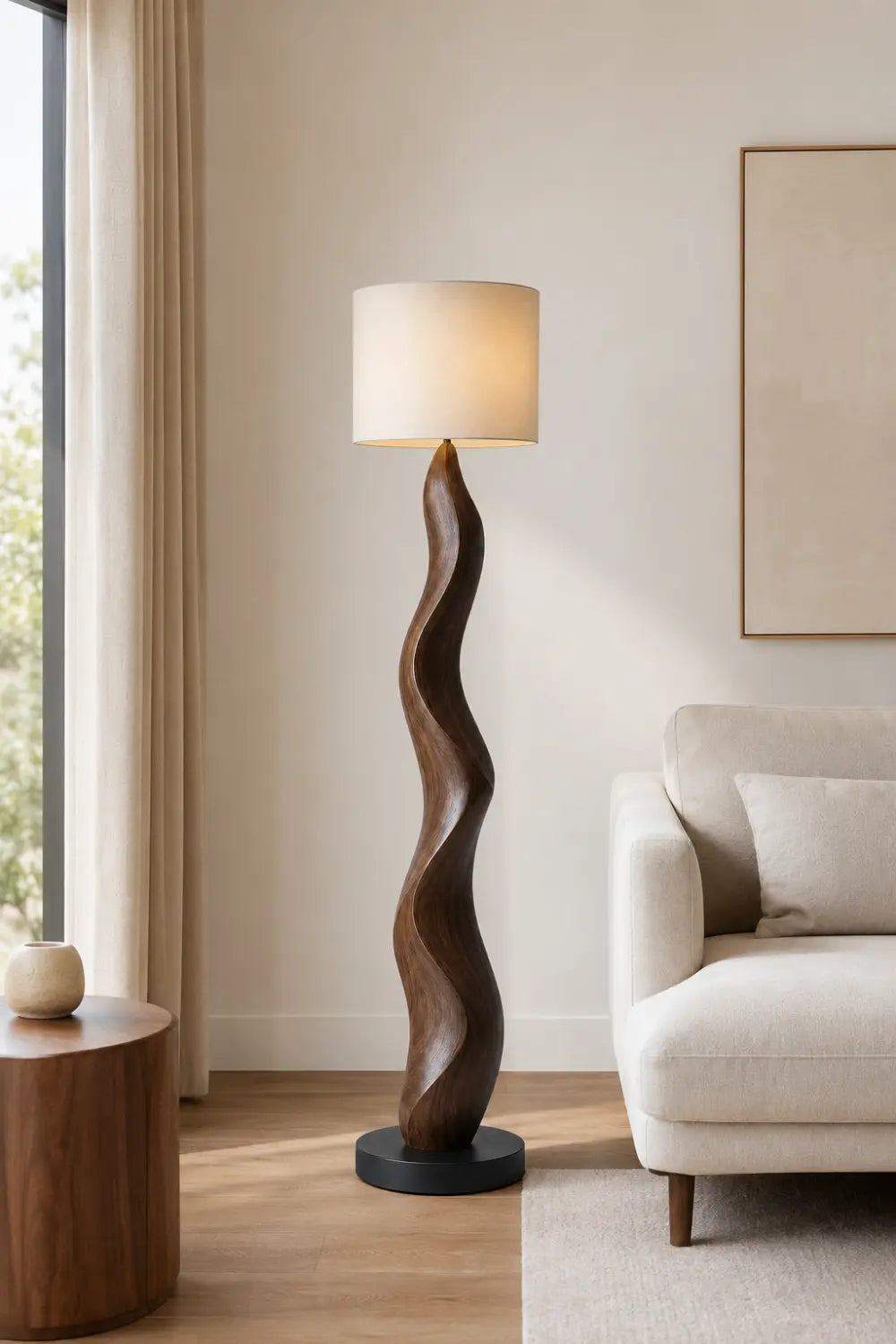 Abstract Wood Floor Lamp With Sinuous Carved Base And Linen Shade For Modern Living Rooms