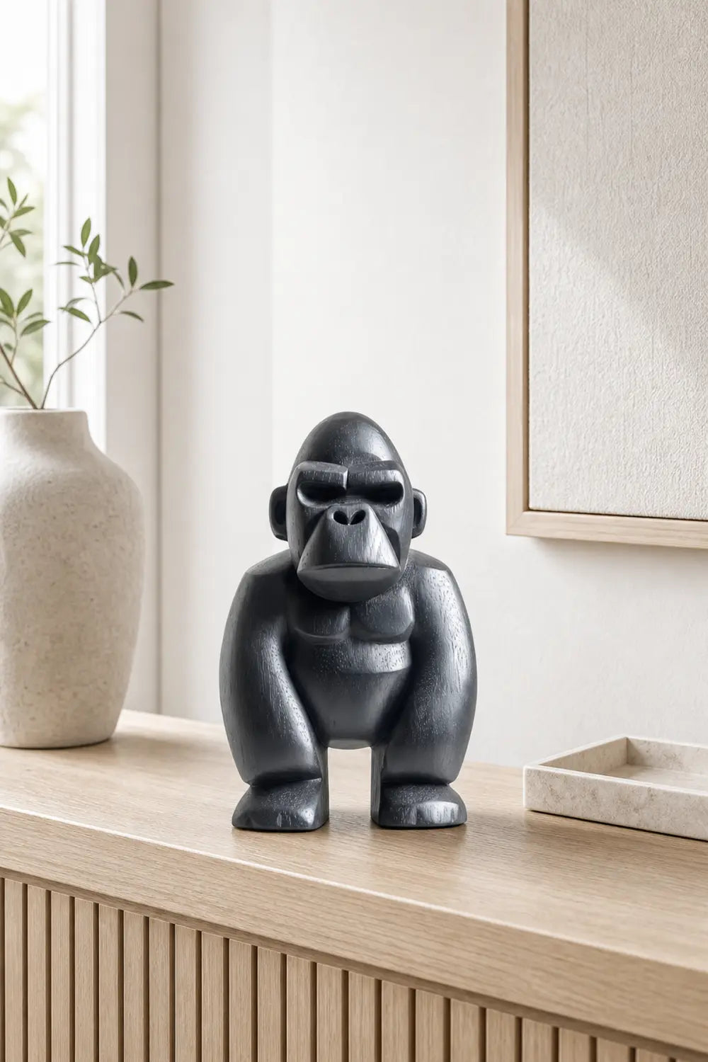 Hand Carved Black Gorilla Wood Sculpture Modern Abstract Animal Statue For Home Decor
