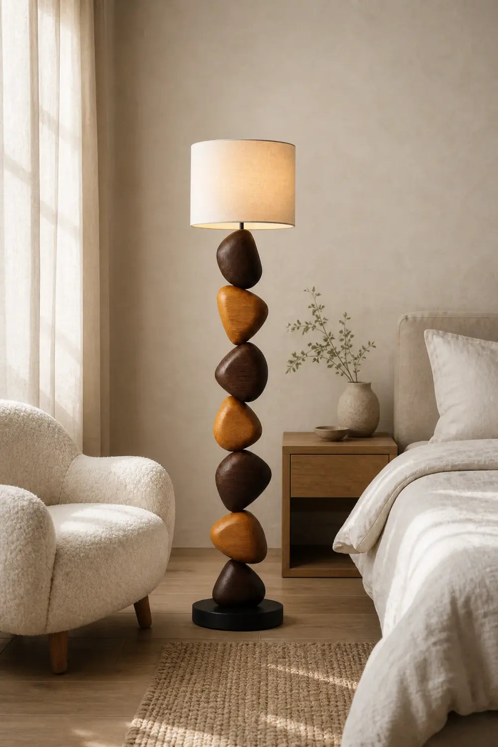 Modern Abstract Wood Floor Lamp With Stacked Pebble Design For Living Room Decor