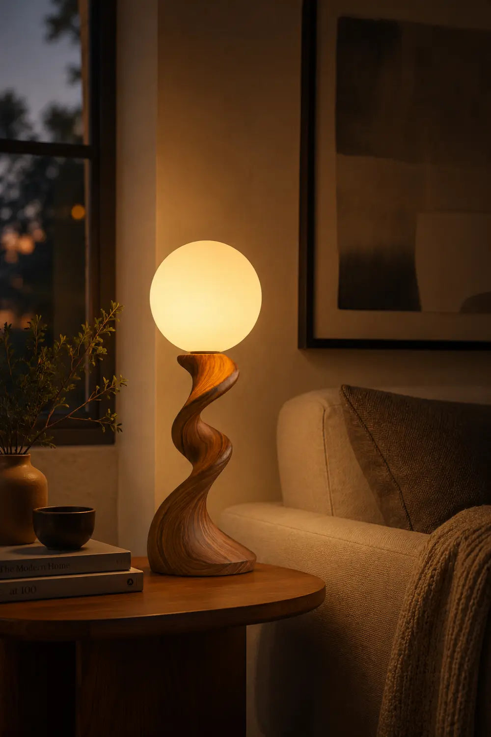 Modern Swirl Wood Table Lamp | Sculptural Sinuous Desk Light For Space Decor