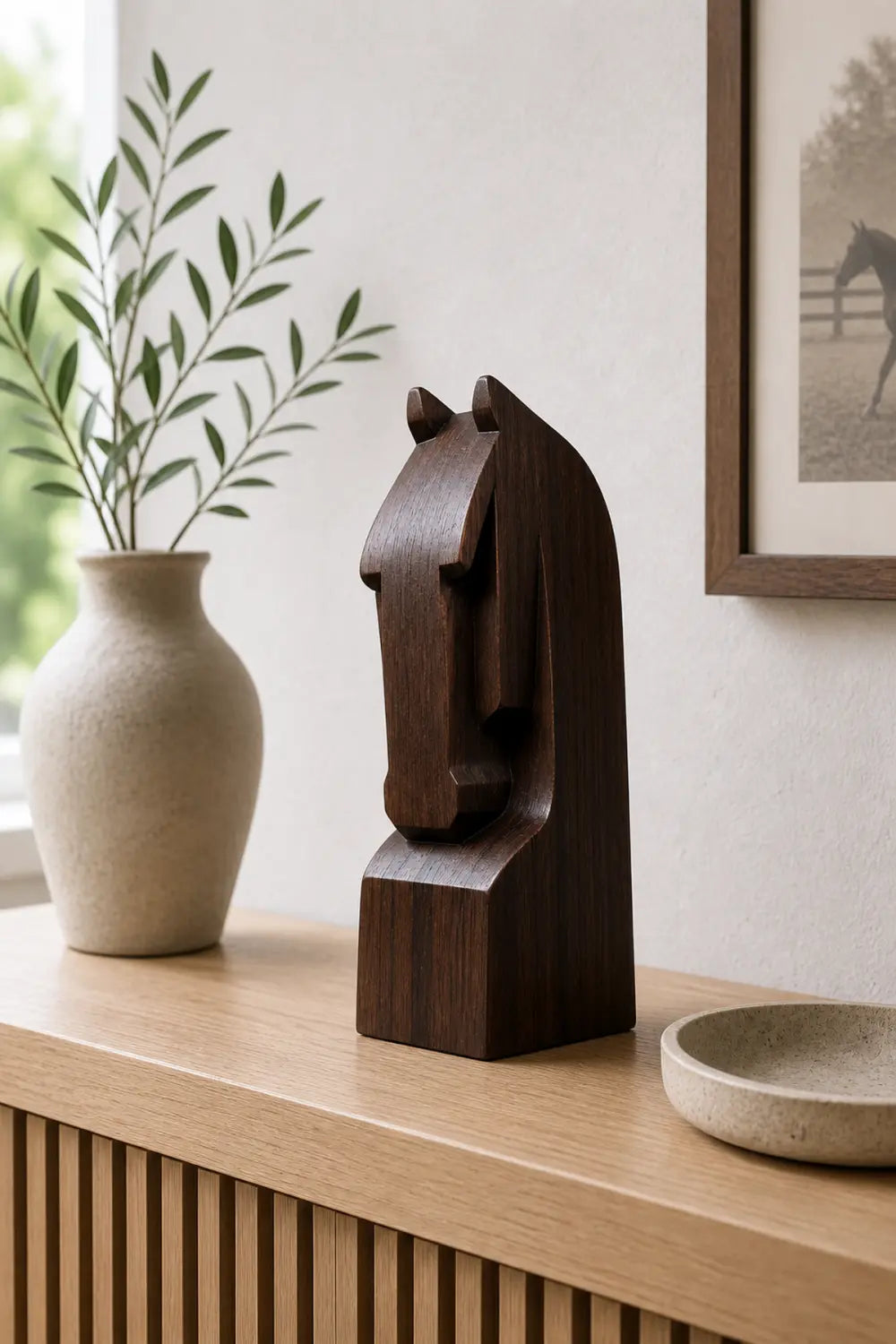 Hand Carved Minimalist Wood Horse Statue Unique Gift Animal Wooden Sculptures