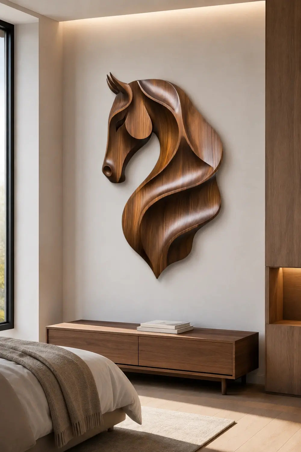 Fluid Wooden Horse Head Wall Art | Modern Carved Relief
