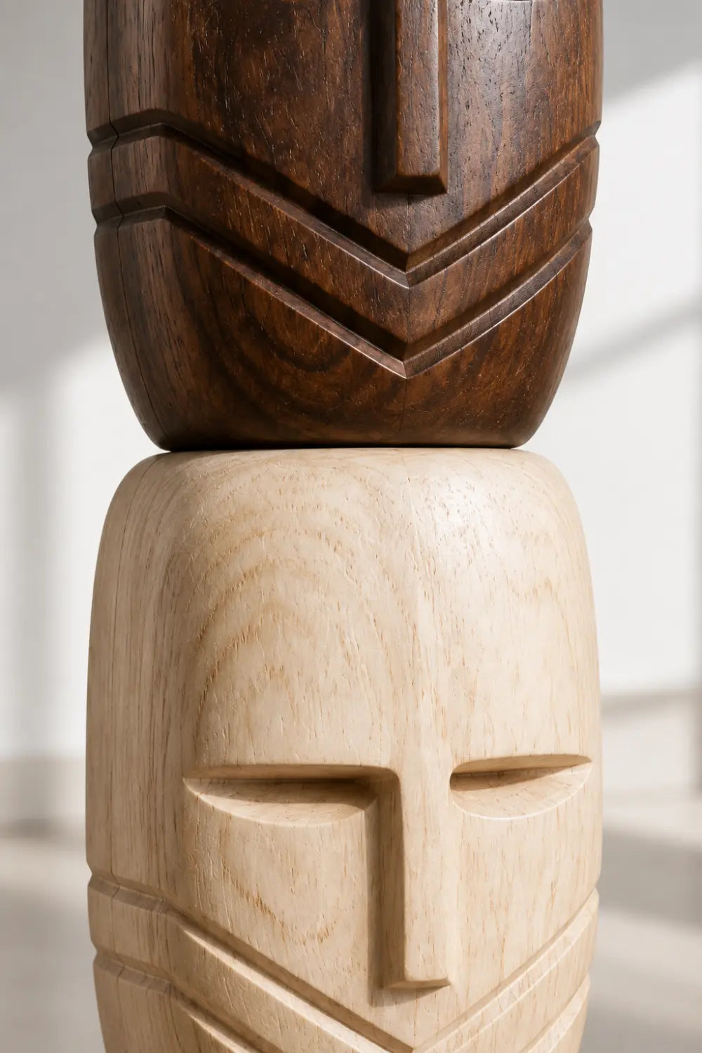 Large African Tribal Wood Sculpture With Abstract Human Faces For Modern Home Decor