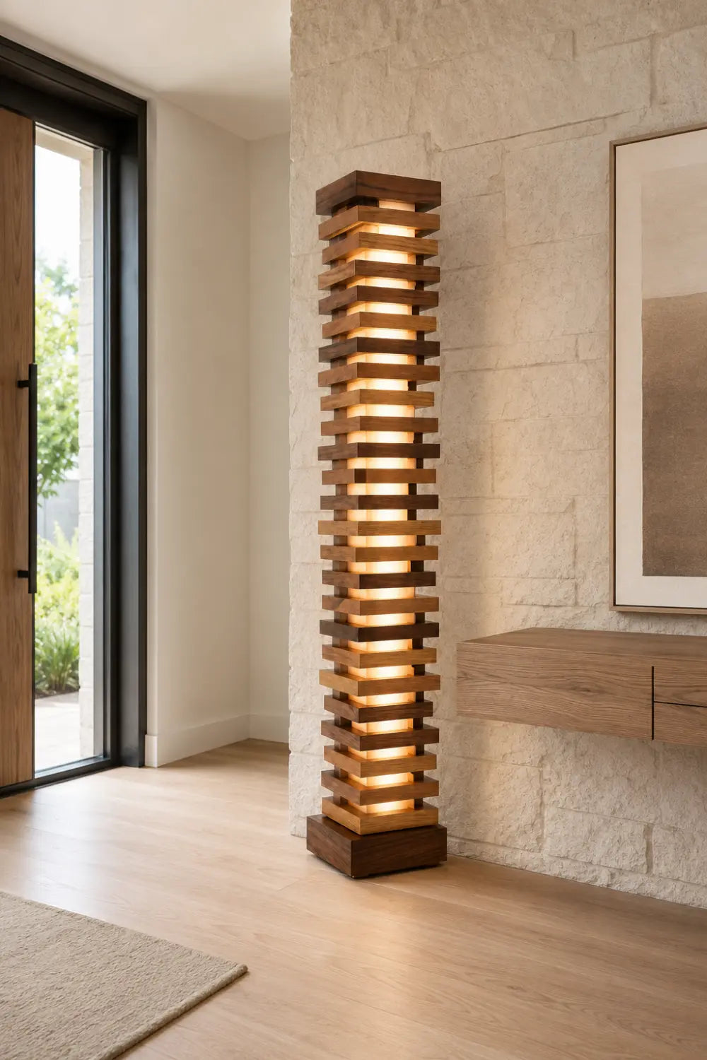 Handcrafted Natural Wood Floor Lamp With Layered Slats And Warm Glow Lighting