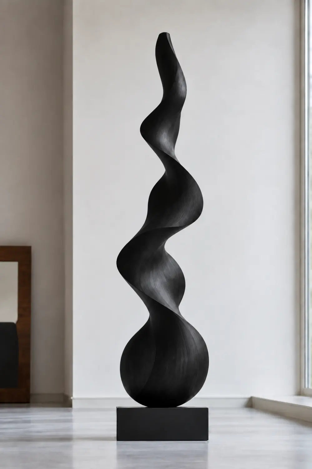 Large Black Spiral Wood Floor Sculpture | Modern Standing Statue For Living Space