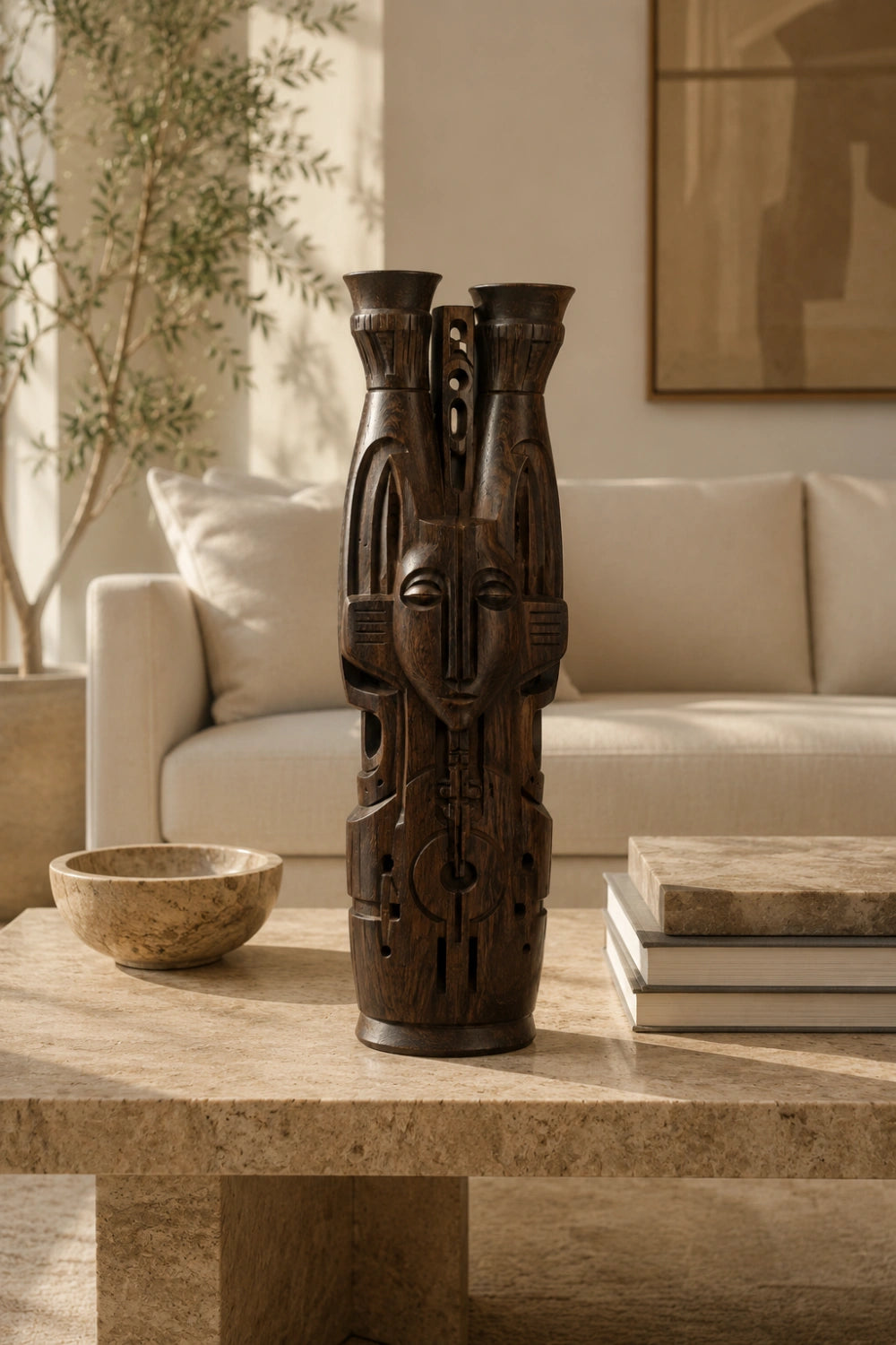 Hand-Carved African Tribal Wooden Floor Vase Large Abstract Sculpture For Modern Home Decor