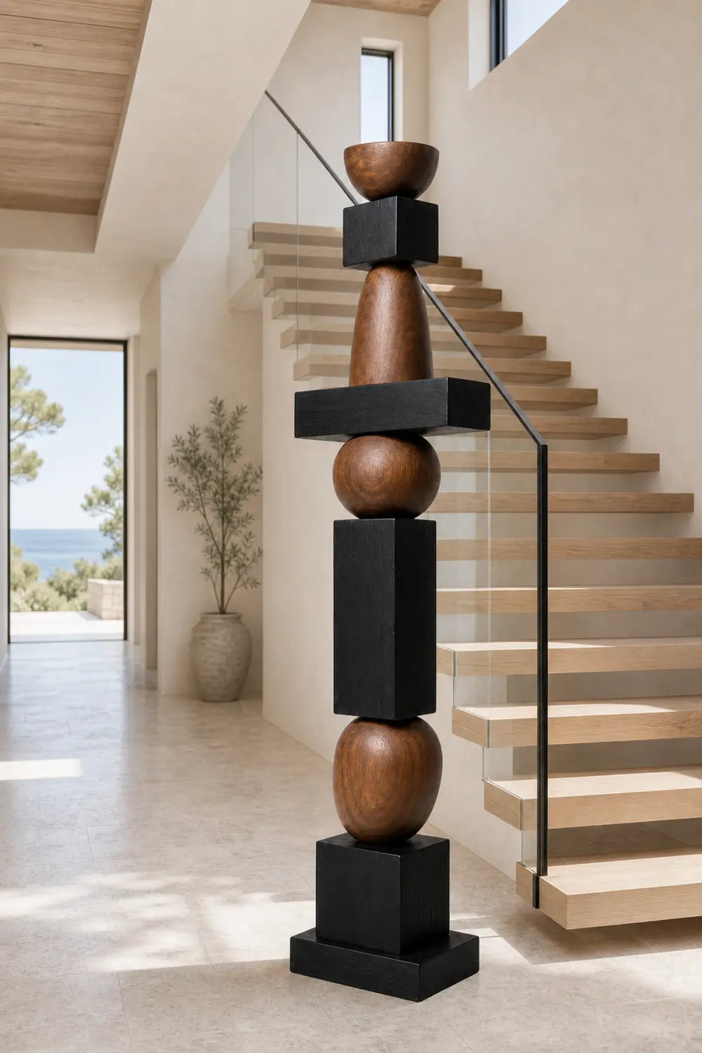 Large Geometric Wooden Sculpture For Minimalist Living Room Decor - Freestanding Abstract Art