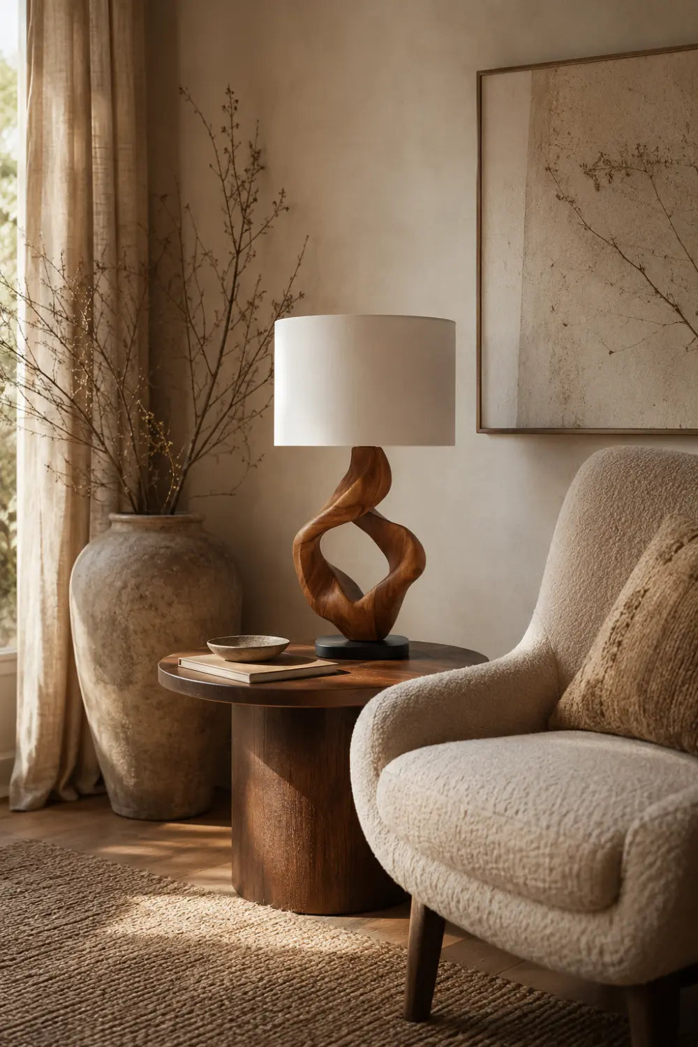 Modern Abstract Wooden Table Lamp With Twisted Walnut Base For Living Room Decor
