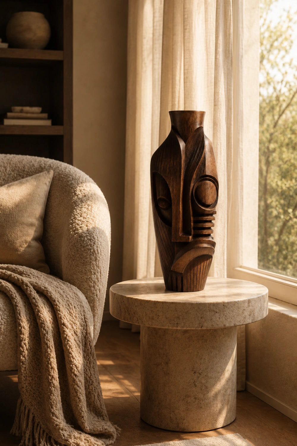 Hand-Carved African Tribal Wooden Vase Abstract Large Floor Decor