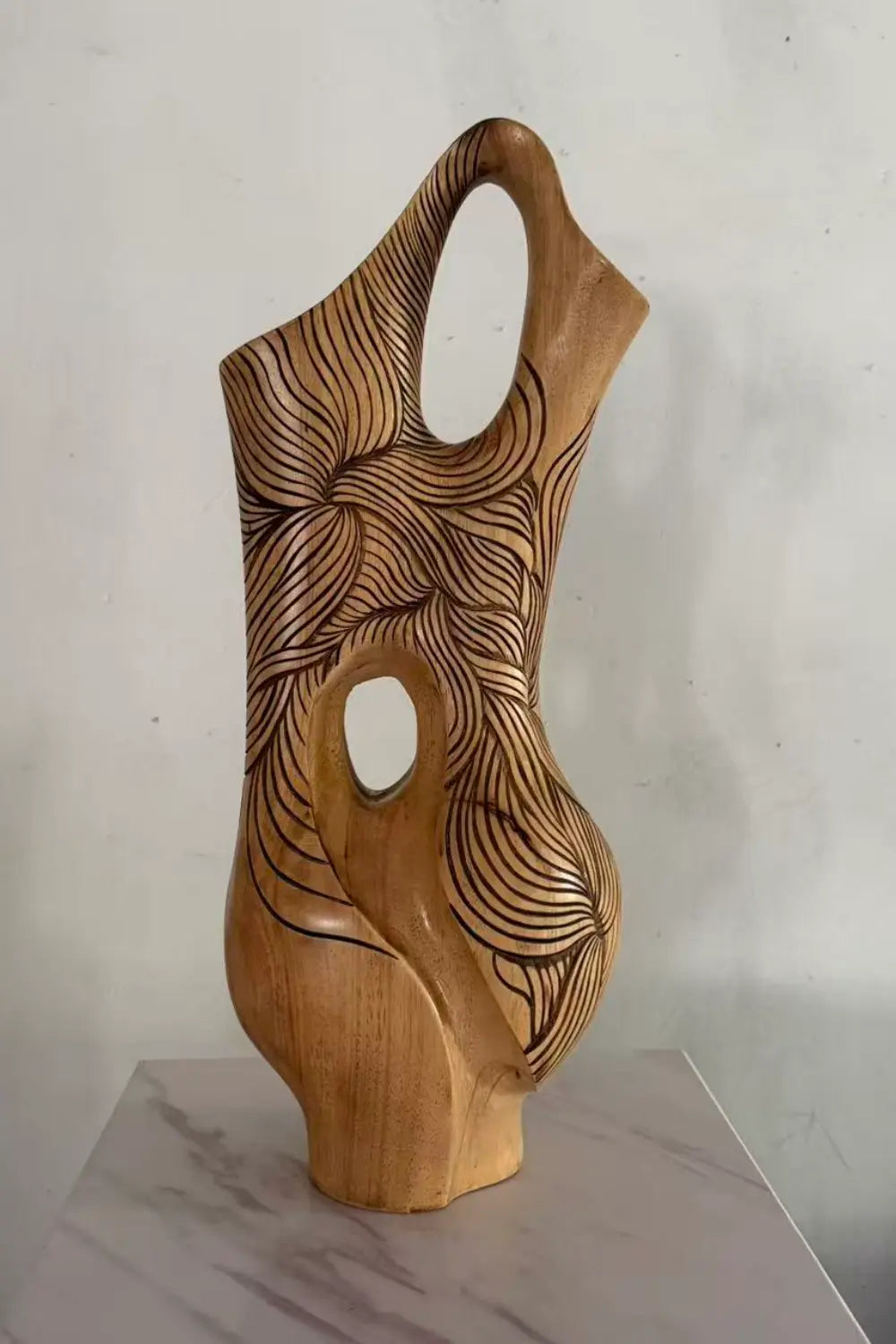 Hand-Carved Abstract Wooden Vase For Modern Home Decor And Living Rooms